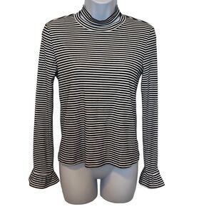 Gianni Bini Black White Stripe Ribbed Ruffle Cuff Cutout High Neck Top Blouse XS